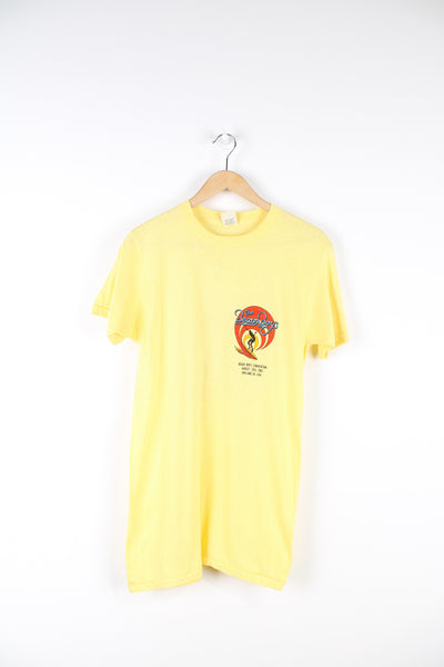 Vintage 1983 yellow Beach Boys convention t-shirt. Single stitch with design on the front and back.  good condition  Size in Label:  Slim fit M
