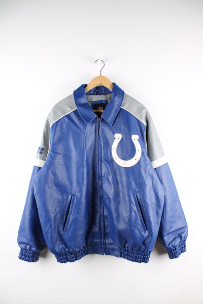 Vintage NFL Indianapolis Colts NFL varsity jacket in a blue, grey and white colourway, zip up with side pockets, quilted lining and has embroidered logos on the front and back. 