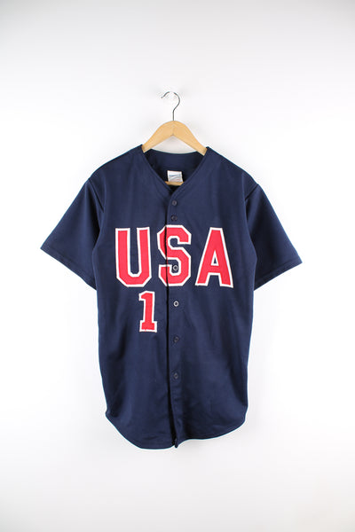 Vintage USA National Baseball Team jersey, blue, red and white team colourway, button up, Medley number 1 on the back and spell out embroidered on the front. 