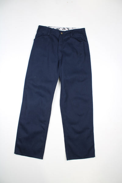 Ben Davis high waisted heavy duty cotton workwear trousers in navy blue, style 694. Features embroidered logo on the waistband 