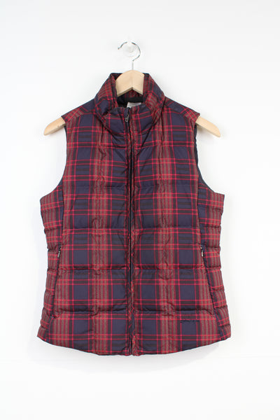 Patagonia red tartan zip through puffer gilet with zip up pockets and embroidered logo on the hem