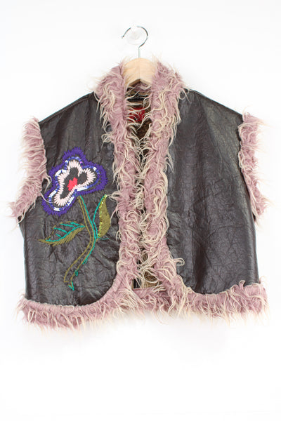 Vintage Miss Sixty faux leather 70's inspired cropped vest with faux fur trim and embroidered flowers