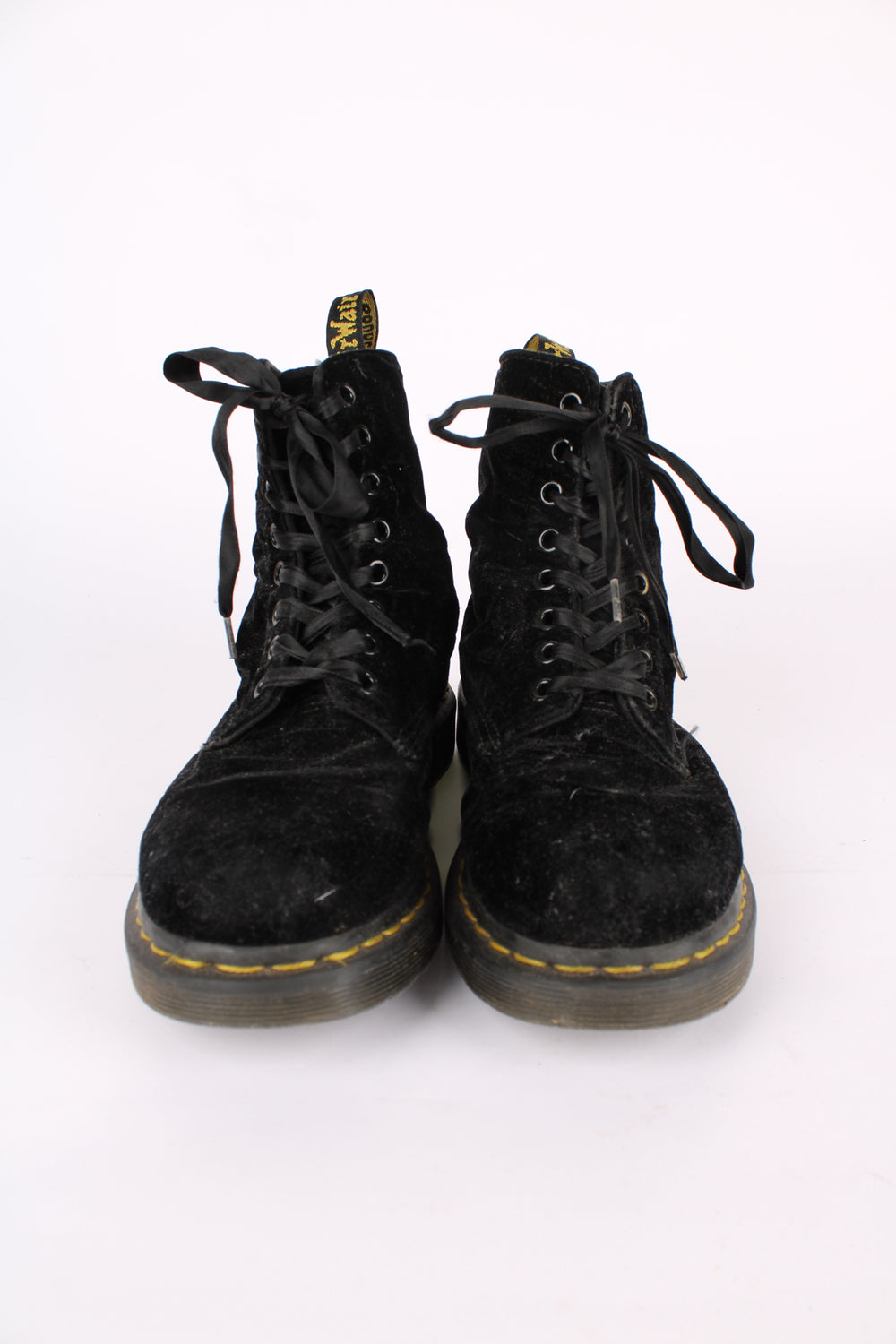 Dr Martens 1460 Pascal black soft velvet lace up boots, features signature yellow welt