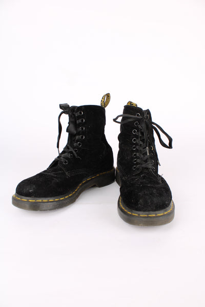 Dr Martens 1460 Pascal black soft velvet lace up boots, features signature yellow welt 