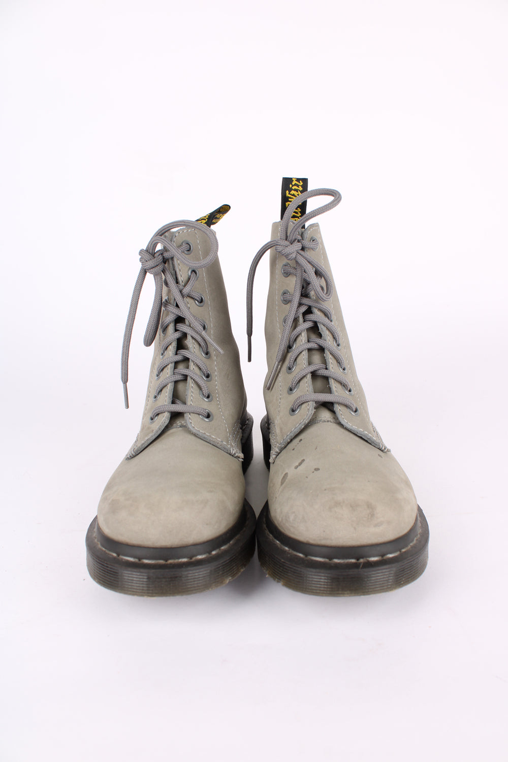 Dr Martens 1460 Pascal soft grey suede lace up boots, features matching grey welt