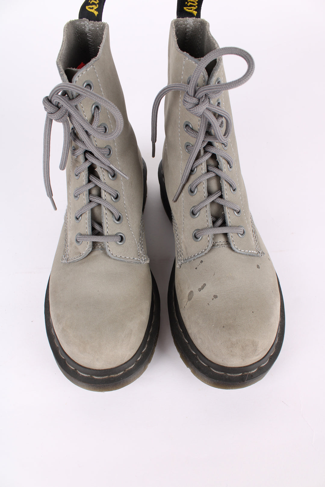 Dr Martens 1460 Pascal soft grey suede lace up boots, features matching grey welt
