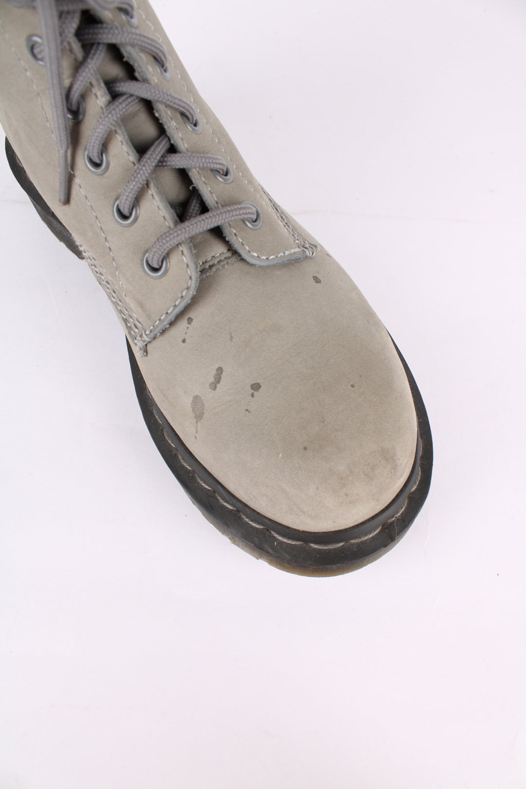 Dr Martens 1460 Pascal soft grey suede lace up boots, features matching grey welt