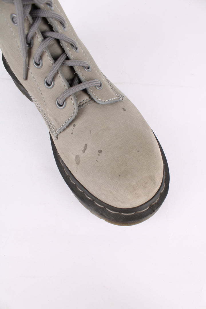 Dr Martens 1460 Pascal soft grey suede lace up boots, features matching grey welt