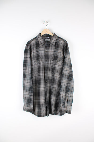 Grey and black Carhartt 100% cotton flannel button up shirt. Has small embroidered logo on chest pocket
