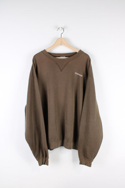 Carhartt brown crewneck sweatshirt with embroidered spell-out logo on the chest 