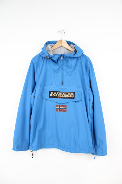 Napapijri blue, light weight regular fit pullover jacket with embroidered badges on the front 