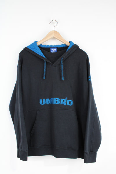 Vintage 90's Umbro black and blue hoodie with embroidered spell-out logo across the chest