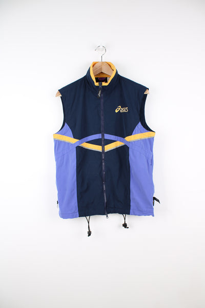 Vintage Asics Lightweight Running Vest in a blue, purple and yellow colourway, zip up, 3m reflective lining round the front and back, side pockets, and has the logo printed on the front and back.