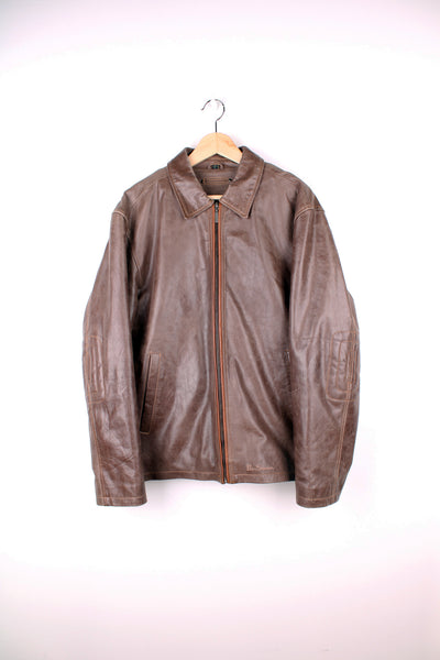 Ben Sherman brown leather zip through jacket, features pockets and embroidered logo on the hem