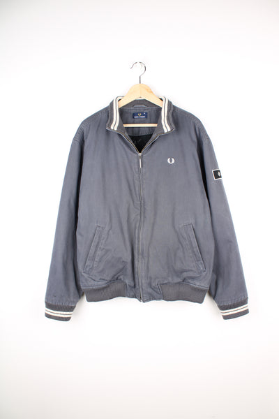 Fred Perry zip through grey cotton Harrington style jacket. features quilted lining and embroidered logo on chest/sleeve
