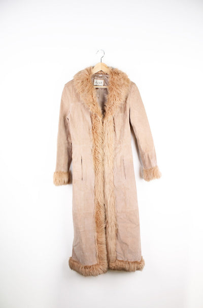 Y2K style tan suede floor length Afghan coat, features hook and eye closures and faux fur trim