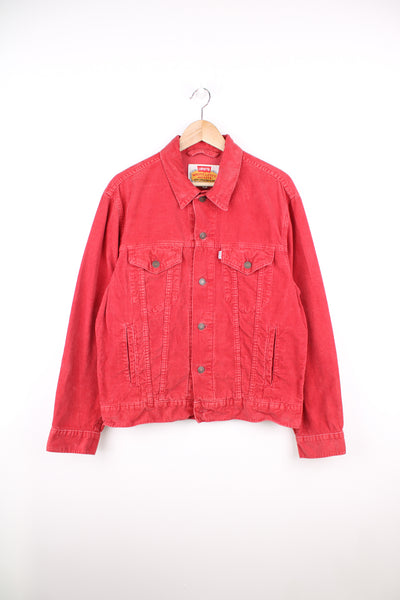 Vintage 1990's Levi Strauss red corduroy trucker jacket, features double pockets and white branded tab 