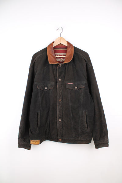 Vintage Marlboro Classics black button up brushed cotton jacket features leather collar, branded hardware and double pockets