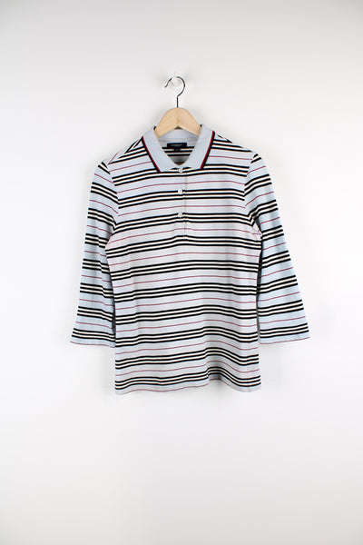 Vintage Burberry women's striped polo shirt features embroidered logo on the chest and 3/4 length sleeves