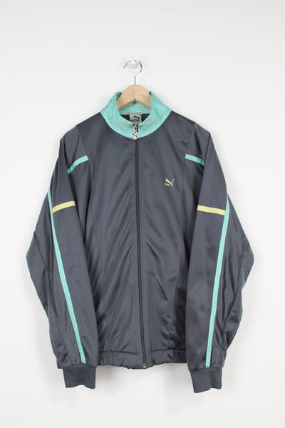 Vintage 1980's grey satin Puma zip through tracksuit top with signature logo on the chest