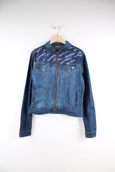 Y2K Apple Bottoms zip through denim jacket, features graffiti like embroidery on the shoulders 