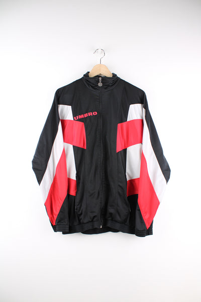 Umbro Tracksuit Jacket in a black, red and white colourway, zip up, side pockets, and has the logo embroidered on the front and back.