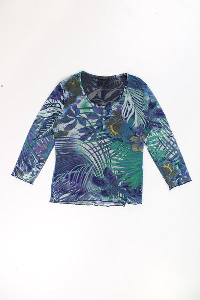 Y2K blue and green floral print mesh top with 3/4 length zips.   good condition  Size in Label:   No Size Label - Measures like a womens M (measurements taken un-stretched, made from stretchy material so could fit multiple sizes)