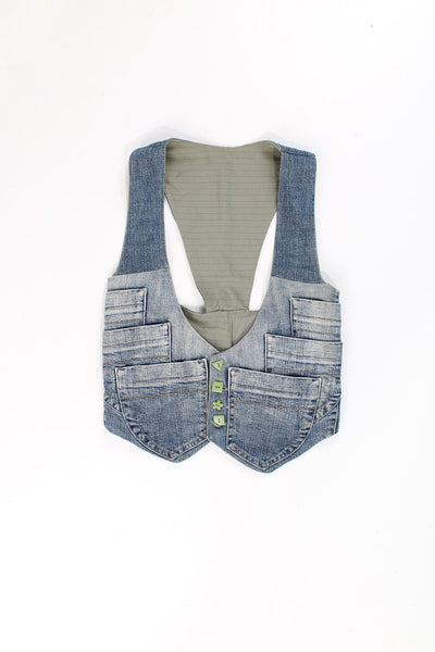 Y2K stone wash denim waistcoat with multipul pockets and green abstract buttons.  good condition - faint mark on one pocket  Size in Label:   No Size Label - Measures like a womens S