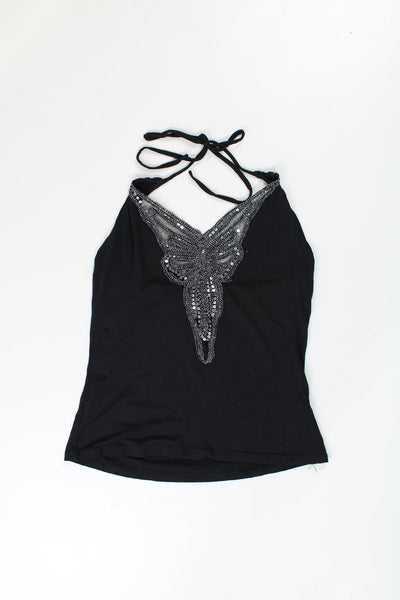 Black Y2K Morgan tie halter neck top, features metallic silver embroidered butterfly on the front 
