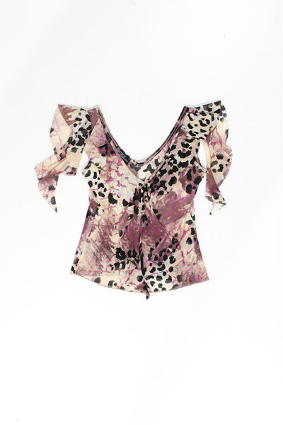 Y2K tan mesh sheer cami top with purple animal print design. Features ruffle detail on the arms. Made in Paris. good condition Size in Label: N/A- measures like a women's L (measurements taken un-stretched, made from stretchy material so could fit multiple sizes)