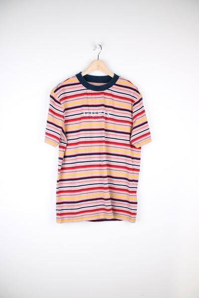 Guess pink and yellow striped cotton t-shirt with embroidered spell-out logo across the chest