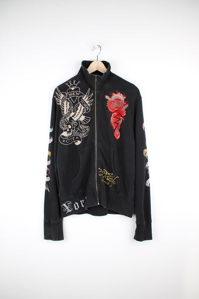 Vintage Ed Hardy black zip through cotton tracksuit top, features tattoo style graphic all over print with large skull graphic on the back