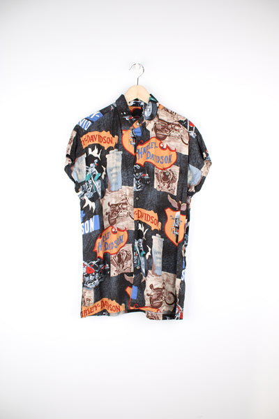 Harley-Davidson button up shirt with all over graphic print, features chest pocket