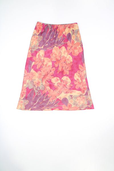 Vintage Y2K pink floral print silk midi skirt. Could be worn mid or low rise depending on measurements. Made by D.I.O.   good condition - has a faint mark on the side (see photos)  Size in label:   Womens size 12 (M)