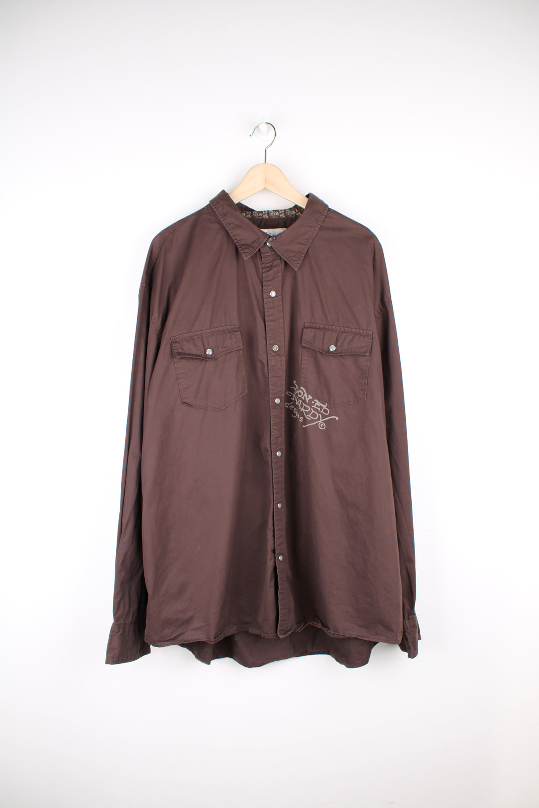 Y2K Ed Hardy brown button up cotton shirt with velvet skull graphic on the back