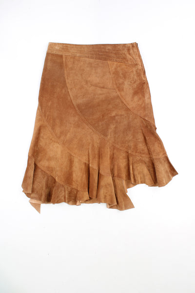 Vintage brown suede asymmetrical midi skirt with ruffled hem and lining