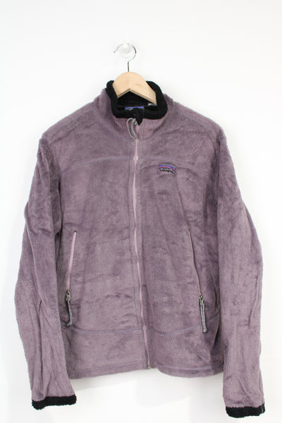 Patagonia lilac zip through soft fleece, with zip up pockets and embroidered logo 