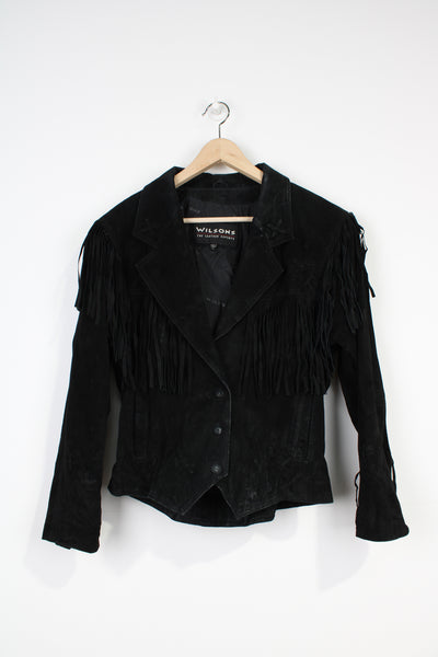 Vintage black cropped suede fringe jacket features three popper buttons at the front