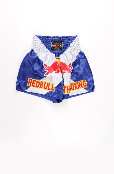 Red Bull sponsored Muay Thai Boxing Shorts in blue and silver, features embroidered  red bull motif on the front 