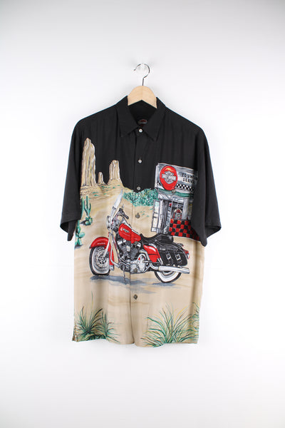 Harley Davidson Hawaiian Shirt in a black colourway with a motorbike design printed all over, button up and has a chest pocket.