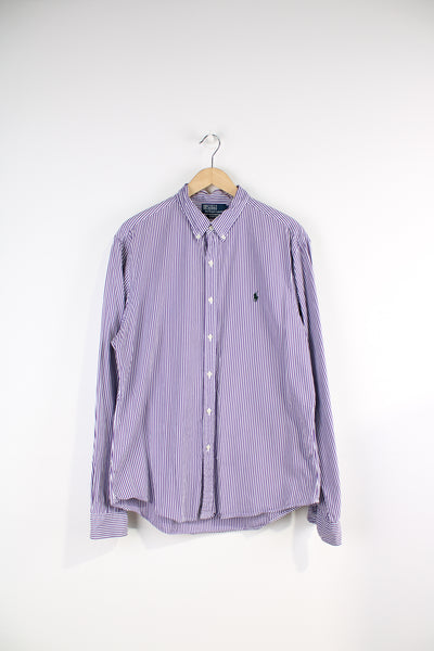 Ralph Lauren purple and white striped button up, slim-fit shirt with signature embroidered logo on the chest