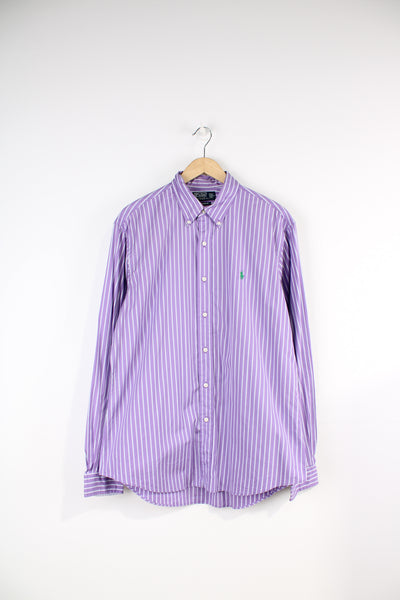 Ralph Lauren purple and white striped button up shirt with signature embroidered logo on the chest
