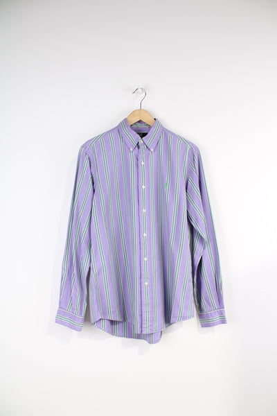 Ralph Lauren purple and mint green striped button up shirt with signature embroidered logo on the chest