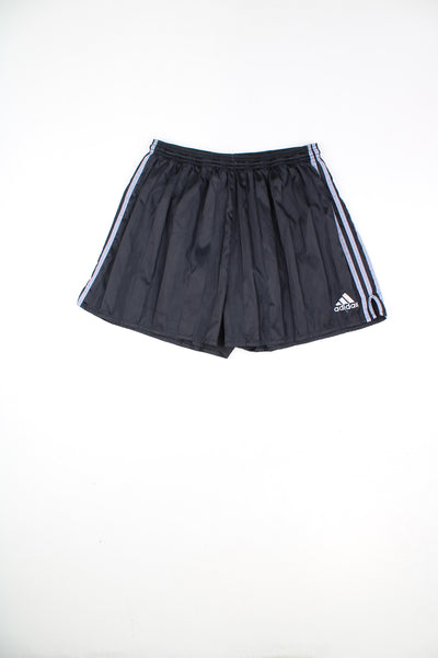 Adidas Shorts in a black and grey colourway, striped design, adjustable waist, netted lining, and has the logo embroidered on the front.