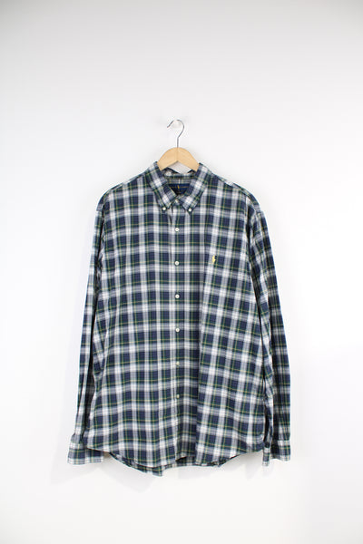 Vintage Ralph Lauren Shirt in a green, blue, yellow and white plaid colourway, slim fit, button up shirt with the logo embroidered on the chest. 