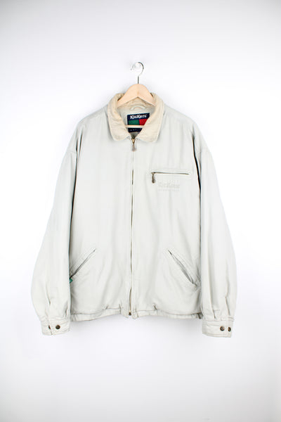 Cream denim jacket by Kickers. Slightly padded with cord lined collar and fill zip to close.  good condition - some discoloration on the collar (see photos)  Size in Label:   Mens XL - Measures slightly larger/ over-sized