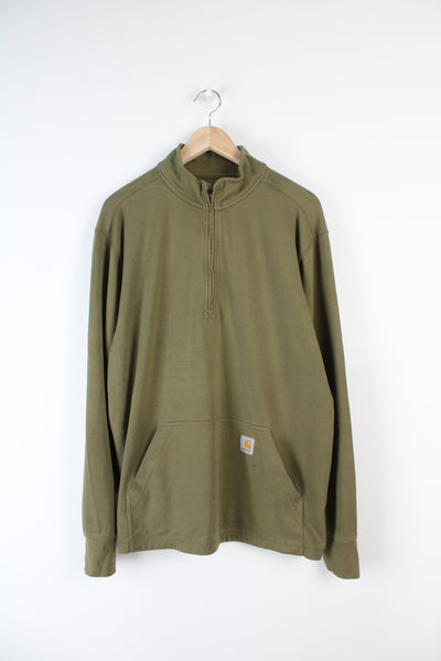 Khaki green long sleeve Carhartt 1/4 zip pullover sweatshirt with embroidered logo on the sleeve