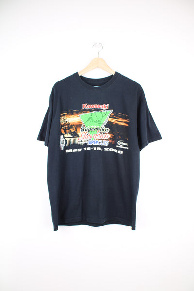 Vintage 2008 Kawasaki motorcycle racing t-shirt in black by Chase Authentics, features printed graphic on the front and back 