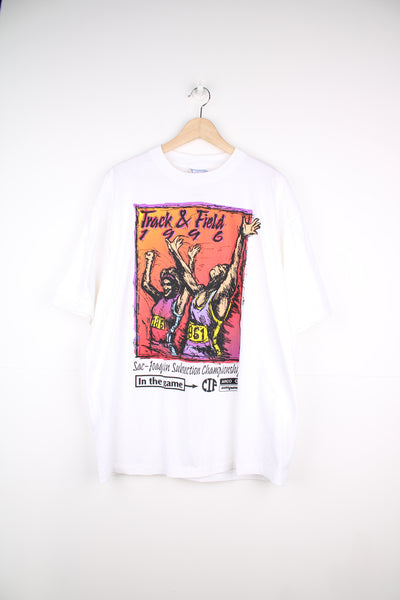 Vintage 1996 Track and Field single stitch tee in white by All Sport Proweight features printed graphic by Billy Tees on the front