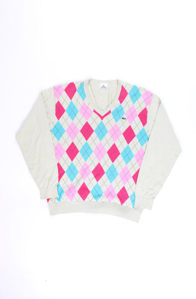 Vintage Lacoste tan, pink and blue Argyle knit jumper with v-neck and embroidered crocodile logo on the chest.